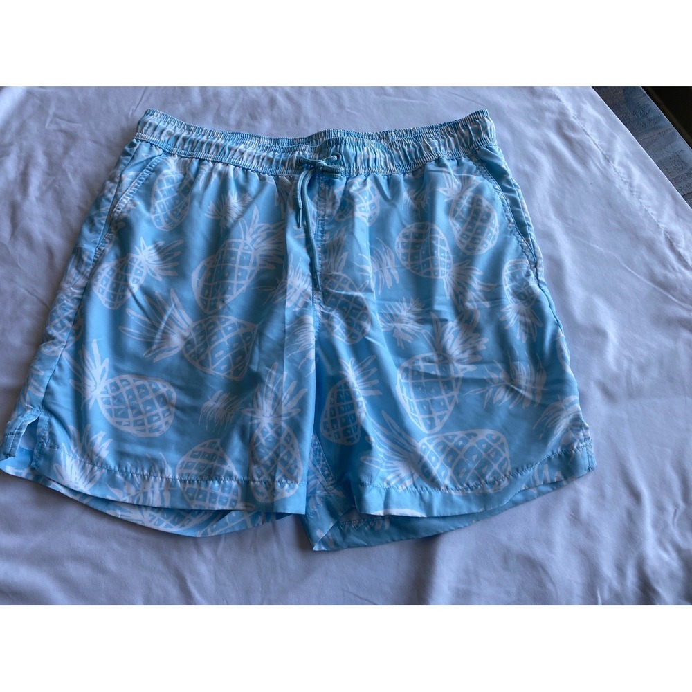 George Men Pineapple Print TROPICAL Swim Trunks Size L Blue White